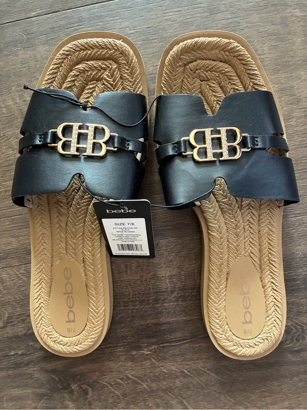 bebe Black Slide Sandals with Gold BB Emblem